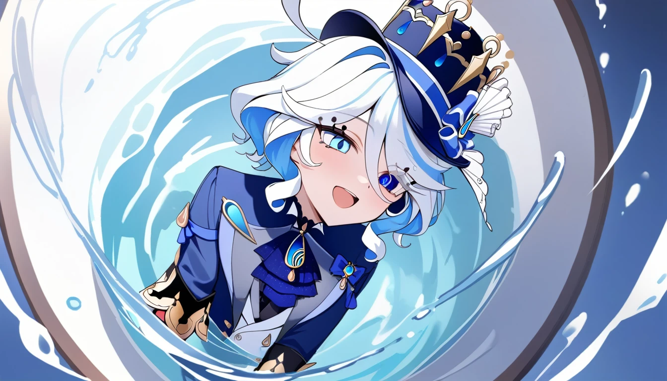 masterpiece,best quality,1girl, furina \(genshin impact\), genshin impact, cowlick, top hat, blue jacket, blue ascot, blue brooch, kodona, simple background, open mouth, blue headwear, streaked hair, upper teeth only, solo, long hair, light blue hair, white background, smile, white hair, ahoge, mismatched gloves, white gloves, long sleeves, hair between eyes, blue gemstone, in a fountain, blue background, water falling, 4k, Masterpiece, Best quality, ((light from above))