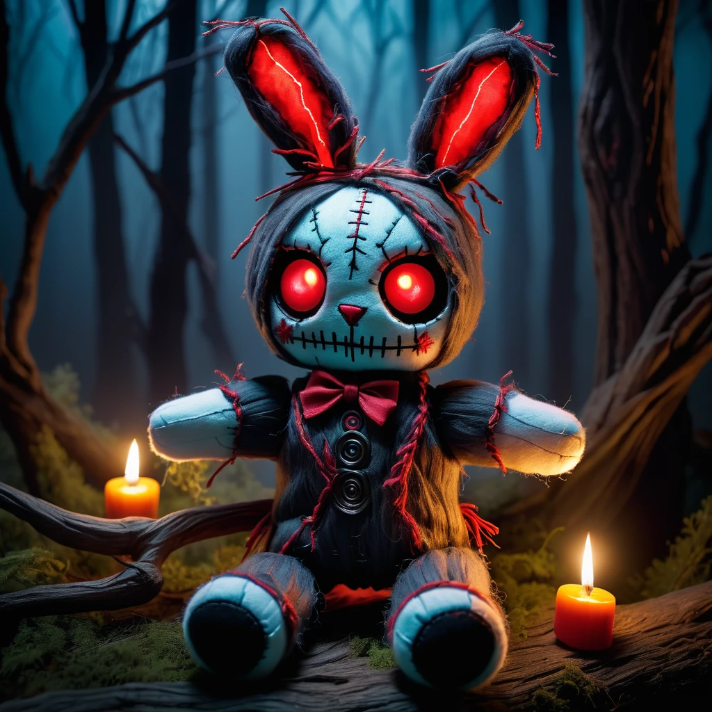 (knitted toy voodoo doll:1.7), (Voodoo Rabbit:1.3), (Appearance: tattered rabbit with glowing red eyes and stitched-up fur:1.0), (Accessories: enchanted carrot emitting a sinister glow, floating cobwebs:1.1), (background: haunted forest with twisted trees, eerie mist, and an atmosphere of dark enchantment:1.2), best quality, masterpiece, detailed soft oil painting, detailed background, dramatic cinematic lighting, soft edge lighting, professional, dramatic lighting, hard edge lighting, ultra quality, 4k, masterpiece, best quality, 8k, ultra high definition, high resolution, extremely detailed