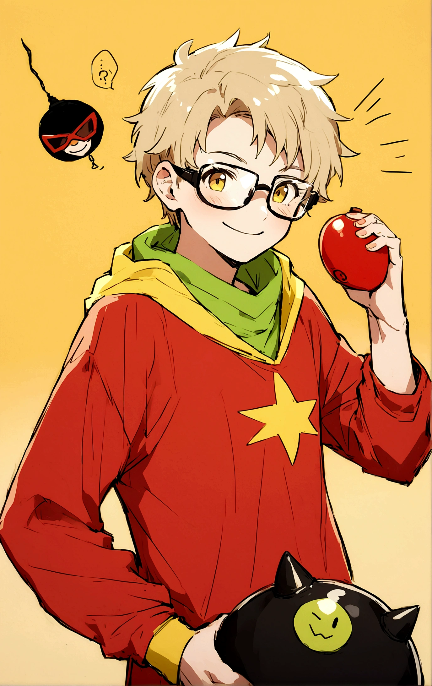 Make a super hero with yellow and red costume. Large protective glasses, with a bomb in one hand and a contagious smile. Make him a teenager.