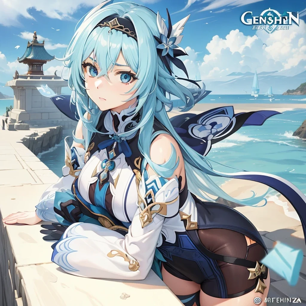 garota anime com cabelo azul e olhos azuis sentada em uma borda, cushart krenz arte chave feminino, genshin, Eula impacto genshin, Eula from impacto genshin, Eula game impacto genshin, arte oficialwork, impacto genshin, impacto genshin character, high detailed arte oficialwork, impacto genshin style, arte oficial, 1920x1080