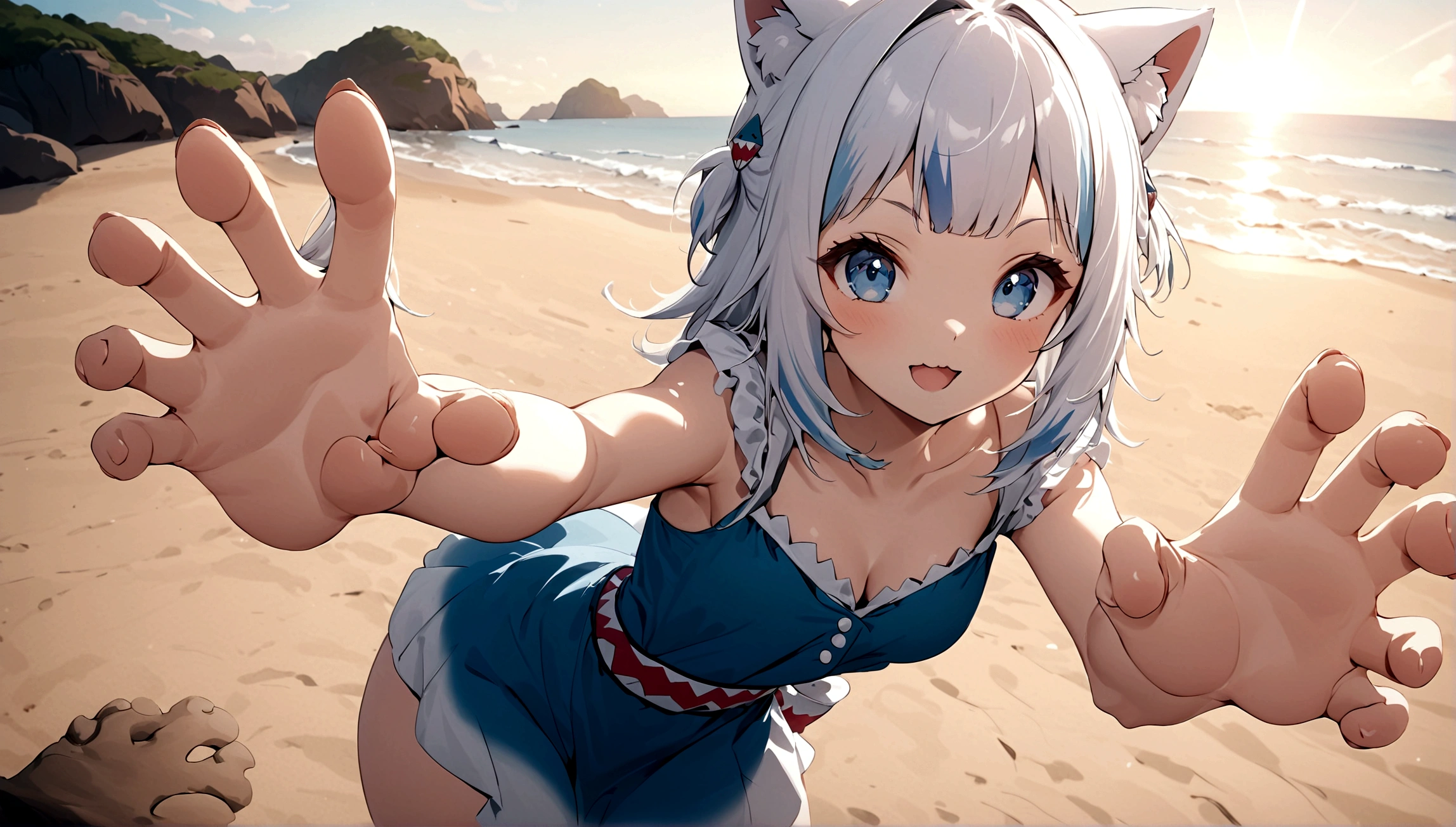 pinup girl pose, Expressiveh, masterpiece, highly detailed, close shot, dynamic pose, centered, 1girl, gawr gura, paw hands, cute pose, rawr, beach background, epic composition, epic proportion, 8K