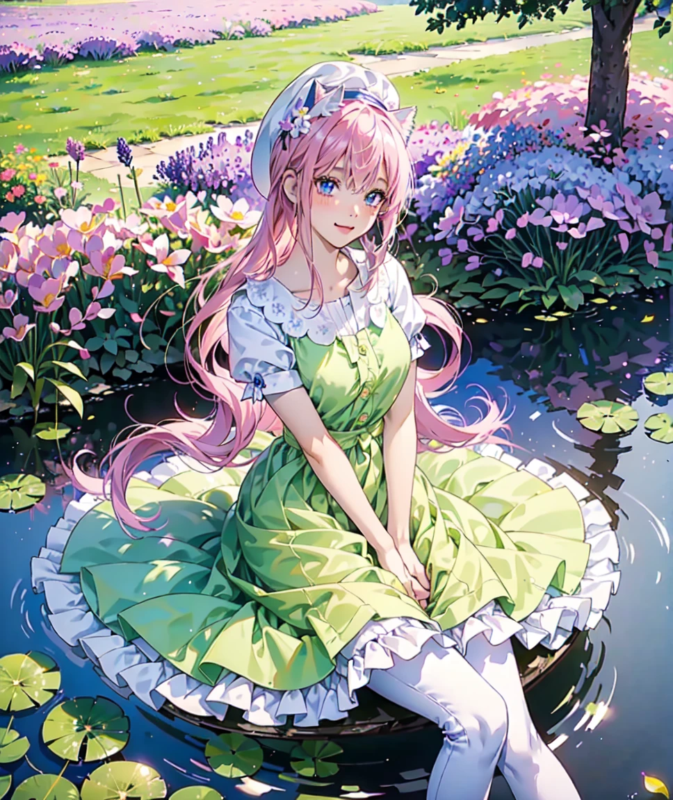 Ichika nakano, dressed as sweetie belle from my little pony, solo, 1 girl, in a mythical garden: 2.0, (pink hair, coil curls: 2.5, dark blue heavenly eyes: 1.5, wearing a green and white dress, happy: 1.5, soft smile, her surroundings are ethereal, ((ultra realistic high quality top quality 4k)),: 3.0, bright sunny day: 1.urple and green flowers everywhere: 3.2, bushes, POND WITH LILY PADS: 3.0, jacaranda trees: 2.0, highly detailed jacaranda trees, green grass: 1.3, wearing a white summer hat with purple ribbon, summer dress with flower patterns, dainty features: 2.0,  like features: 2.0 two white cat ears: 1.0, ONE WHITE THIN THIN REALLY THIN HORN ON HER FOREHEAD, two white cat ears, pure white skin, green thigh high, highly detailed legging, purple heel, shiny hair, slightly shiny skin, sun rise, morning, shining ponds, lavender flower everywhere, shining eyes, soft gentle smile cute pink soft light blush,