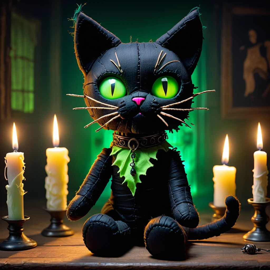 (knitted toy voodoo doll:1.7), (Voodoo Cat:1.3), (Appearance: black cat with glowing green eyes and ragged fur:1.0), (Accessories: enchanted collar emitting an eerie glow, floating spectral mice:1.1), (background: abandoned mansion with flickering candles, creaking floors, and an atmosphere of haunting mystery:1.2), best quality, masterpiece, detailed soft oil painting, detailed background, dramatic cinematic lighting, soft edge lighting, professional, dramatic lighting, hard edge lighting, ultra quality, 4k, masterpiece, best quality, 8k, ultra high definition, high resolution, extremely detailed