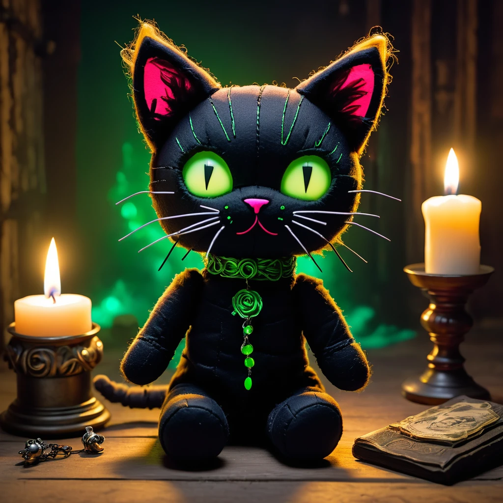 (knitted toy voodoo doll:1.7), (Voodoo Cat:1.3), (Appearance: black cat with glowing green eyes and ragged fur:1.0), (Accessories: enchanted collar emitting an eerie glow, floating spectral mice:1.1), (background: abandoned mansion with flickering candles, creaking floors, and an atmosphere of haunting mystery:1.2), best quality, masterpiece, detailed soft oil painting, detailed background, dramatic cinematic lighting, soft edge lighting, professional, dramatic lighting, hard edge lighting, ultra quality, 4k, masterpiece, best quality, 8k, ultra high definition, high resolution, extremely detailed