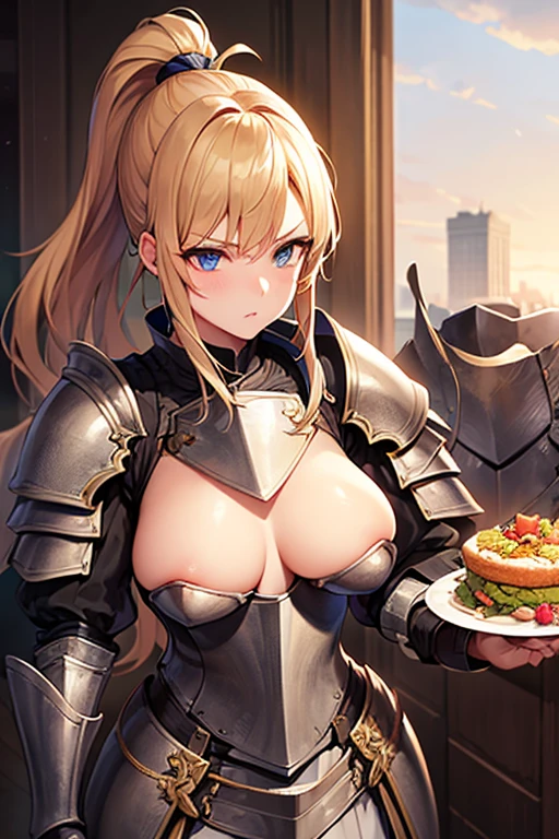 masterpiece, extra limbs, 1lady, 25 years old, gold long high ponytail, gold pubic hair, slant blue eyes, medium pointy breasts large areolas, muscle, serious, contrappo stobreast hold,have greatsword, (((clothed plate armor knight))),