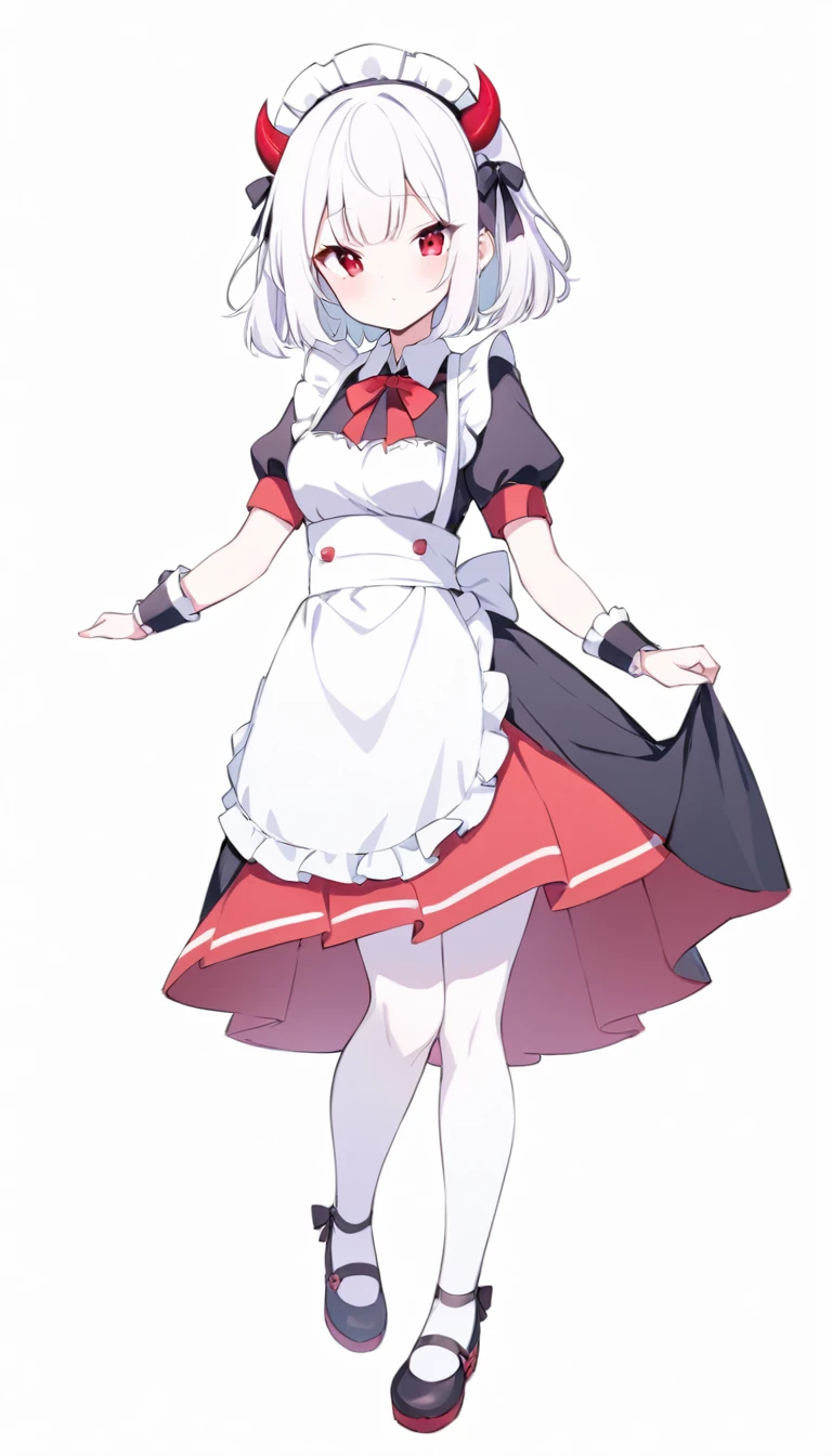 Teenage girl, devil girl, little red horns, white hair, short fluffy hair, big red eyes, pale skin, rosy cheeks, medium breasts, red cheeks, maid outfit. white background, full body