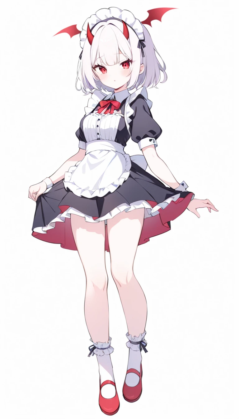 age girl, devil girl, little red horns, white hair, short fluffy hair, big red eyes, pale skin, rosy cheeks, medium breasts, red cheeks, maid outfit. white background, full body