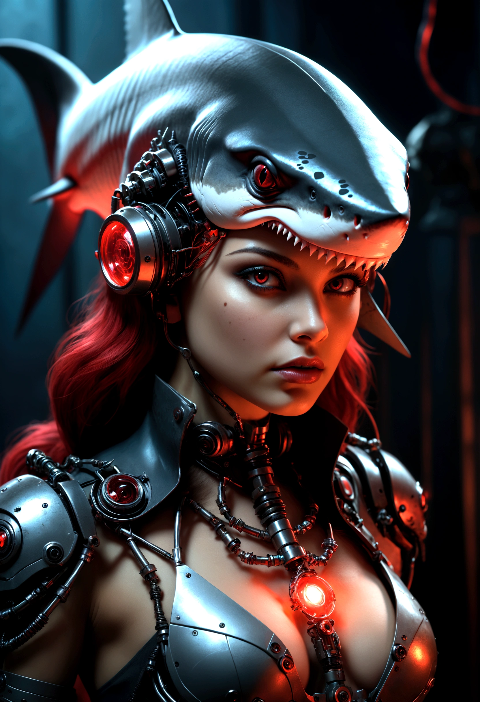 A cyborg Shark Girl doctor, Shark-themed design, devilcore art style, best quality, 4k, 8k, highres, masterpiece, ultra-detailed, realistic, photorealistic, photo-realistic, HDR, UHD, studio lighting, ultra-fine painting, sharp focus, physically-based rendering, extreme detail description, professional, vivid colors, bokeh, dark moody lighting, gothic horror, dark fantasy, intricate details, mechanical parts, feathers, glowing eyes, ominous atmosphere, dramatic lighting, black and red color palette
