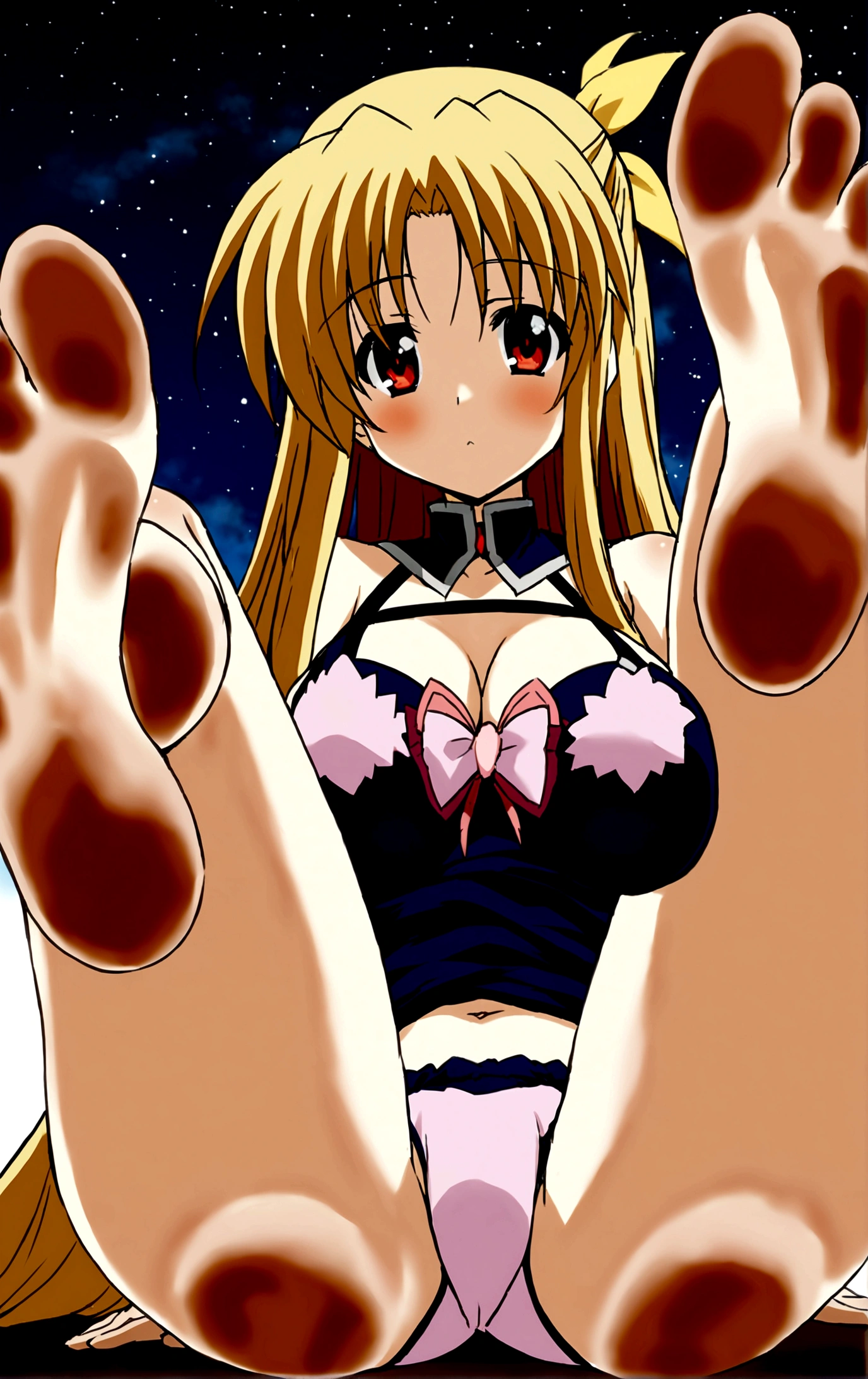 Fate T. Harlaown,Fate T. Harlaown(Magical Girl Lyrical Nanoha),Magical Girl Lyrical Nanoha,Blonde,Long Hair,Straight hair,Red eyes,Big Breasts,Large Breasts,thigh, No sleeve),True Face, Leg spread, Sitting, bikini, sole