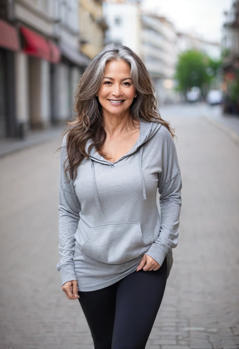 photo of beautiful 45 year old woman, dressed in casual shirt with hoodie and leggings, city street, long layered and wavy hair, hourglass body, medium round saggy breasts, view from behind, shot mid upper body, looking at camera, cute smile, shallow depth of field