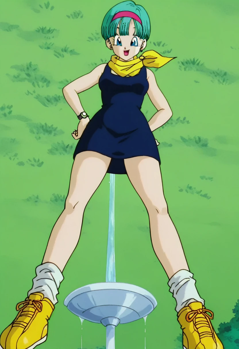 fountain_cheered up, score_9, score_8_above, score_7_above, cheered up screencap,
BULMA, 1 girl, Alone, buu saga, aquamarine hair, very short hair, bowl cut, Blue eyes, wristwatch, yellow scarf, dark blue dress , sleeveless, loose socks, Yellow sneakers, Grass, Field, from below,