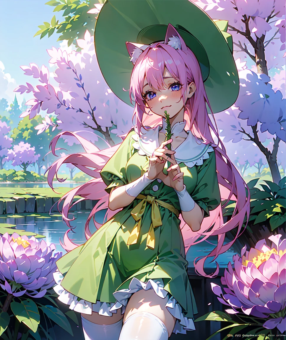 Ichika nakano, dressed as sweetie belle from my little pony, solo, 1 girl, in a mythical garden: 2.0, (pink hair, coil curls: 2.5, dark blue heavenly eyes: 1.5, wearing a green and white dress, happy: 1.5, soft smile, her surroundings are ethereal, ((ultra realistic high quality top quality 4k)),: 3.0, bright sunny day: 1.urple and green flowers everywhere: 3.2, bushes, POND WITH LILY PADS: 3.0, jacaranda trees: 2.0, highly detailed jacaranda trees, green grass: 1.3, wearing a white summer hat with purple ribbon, summer dress with flower patterns, dainty features: 2.0,  like features: 2.0 two white cat ears: 1.0, ONE WHITE THIN THIN REALLY THIN HORN ON HER FOREHEAD, two white cat ears, pure white skin, green thigh high, highly detailed legging, purple heel, shiny hair, slightly shiny skin, sun rise, morning, shining ponds, lavender flower everywhere, shining eyes, soft gentle smile cute pink soft light blush,