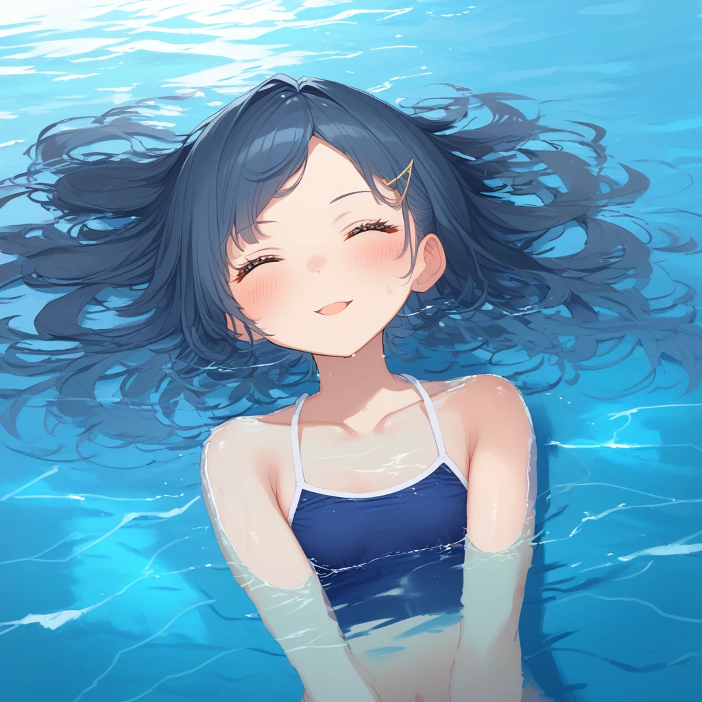 score_9, score_8_up, score_7_up, score_6_up, score_5_up, score_4_up,1girl、afloat、Black Hair、Navy blue swimsuit、Ocean、evening、Reflection on the water、deep faint light 、 detailed CG、high resolution