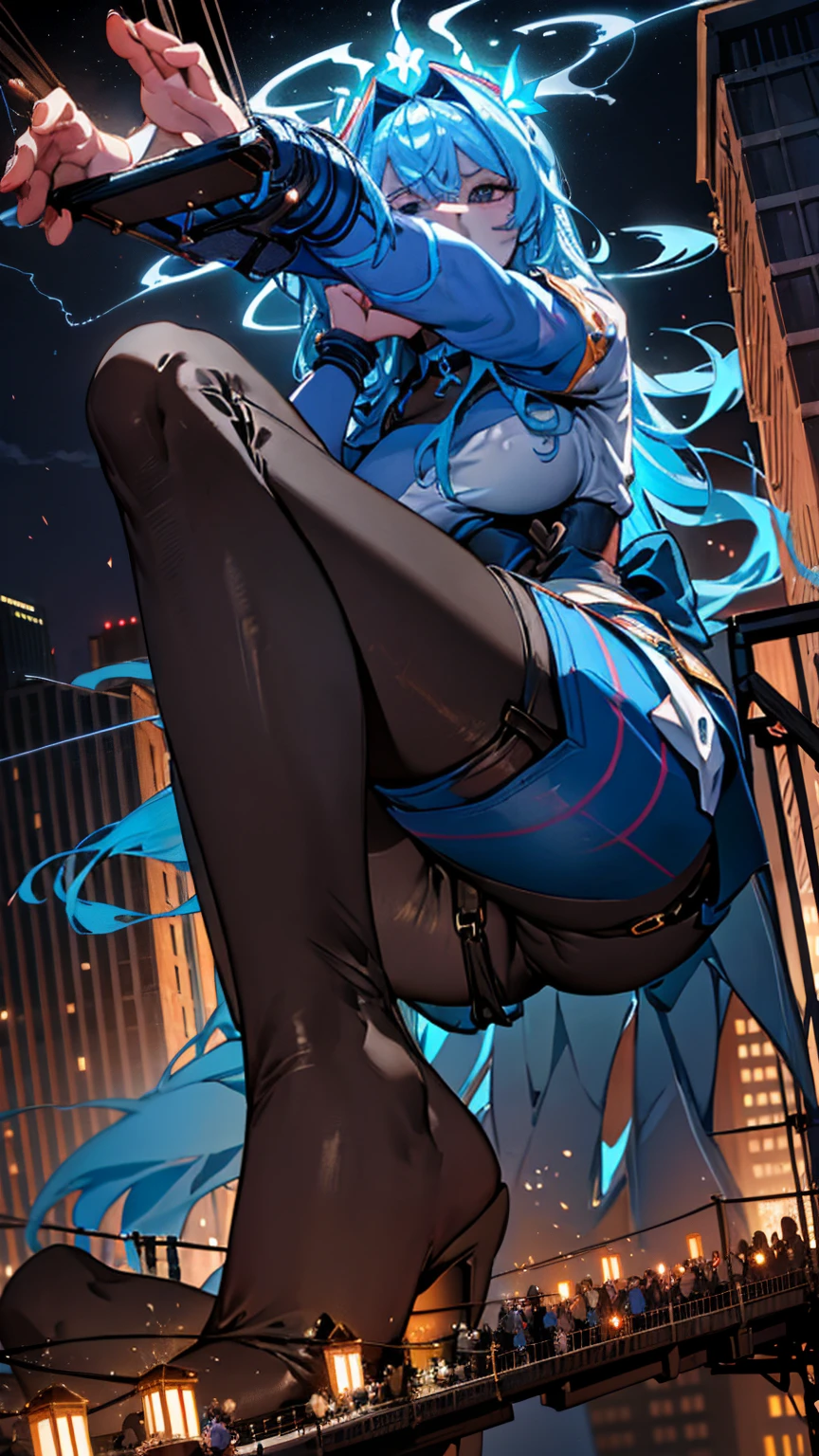 The Giantess Goddess with cobalt blue skin and silver eyes steps onto a massive suspension bridge. Her hair, a cascade of blue lightning, brushes against the cables, melting them instantly. Normal-sized commuters are flung into the air as her immense feet crush the bridge deck. She scoops up terrified people, pressing them against her electric curves, their struggles ampl