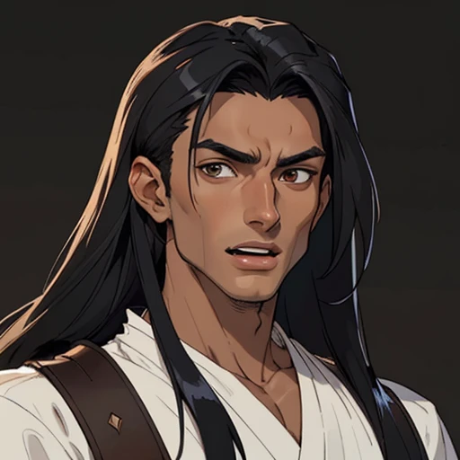(masterpiece), (best quality),(portrait),(bust up),1boy,solo,(sharp focus),((look at viewer)),(tanned skin),open-mouthed,adult,Arabs,long hair,black hair,(ancient:1),ancient luxurious long clothes,old school fantasy art,((simple background)),super shiny face,Ultra Glossy Skin,