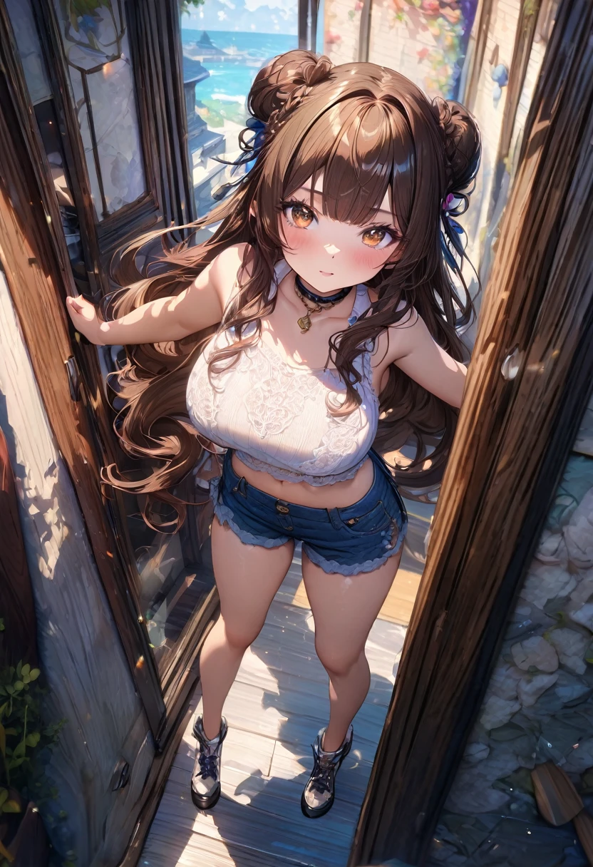 (masterpiece), best quality, very aesthetic, newest, absurdres, detailed, high quality
BREAK
highest quality, top quality, details, highres, ultra fine painting, digital art, official art, cinematic, 4k, 8k resolution, 8K CG wallpaper, CG, original artwork, detailed background, colorful background, blue atmosphere, High Dynamic Range, blurry background, blue hour, Starburst effects, crepuscular rays, good ISO, high resolution, wide shot, from far away, RAW photo, POV, sharp focus, light reflection, reflections, intricate details, soft light, particle noise, professional photography, bokeh, depth of field, natural lighting, vibrant colors, looking away, detailed lights and shadows, stylish, ultra-detailed, top rated on Pixiv, trending on Artstation, niji style, modern-days, master crafted, pose
BREAK
solo, close up shot, from above, 1girl, pale skin, correct fingers, detailed hand, (big breasts:1.2), big thighs, small torso, short body, flushtered, blush, anxious expression, embarassed, embarassed act, casual, slim, ((cute, childlike face):1.3), nice hips, nice body, brown hair, (very long flowing hair), (big 2 buns hairstyle)), long bangs, long hair, middle hair bangs, brown eyes
BREAK
(pink fluffy crop top, loose crop top, shorts, stockings, choker, full body pose)
BREAK
Hanging clothes, folded clothes, walls, changing room, wardrobe