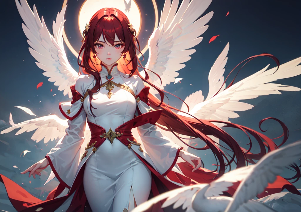 In a serene landscape, capturing the essence of reality, angel is the central figure. Dressed in red and white, she mirrors the harmonious color scheme of her surroundings. With delicate curly red hair framing her face, Her eyes are shut in deep concentration, her innocence radiating peace. The rich reddish sky serves as the breathtaking backdrop, its realistic hues painting a stunning picture of twilight. The focus distance is set at 10mm, drawing our eyes to the divine figure with precision. The image, a masterpiece, is meticulously crafted using