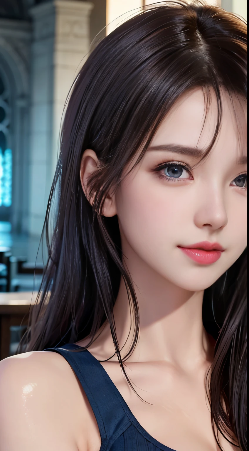 (logo, masterpiece, 8K, Tabletop, RAW Photos, wonderful, 最high quality, Photorealistic and very detailed CG composite 8k wallpaper, high quality, Very detailed, Narrative poem, Particle Effects, Dynamic Effects, Depth of the Boundary, Cinematic Light, Lens flare, Ray Tracing), short hair beautiful young woman, Hair tied back, high detail skin, very fine, fine skin texture, beautiful face, realistic eyes, beautifully detailed eyes, realistic skin, beautiful skin, surreal, smiling eyes, Hair and light eyes, Vibrant, Colorful lights and bokeh. The lighting casts a warm glow on her face and hair, Blue glow, Water surface reflection, Creates a dreamy and magical atmosphere, Big Breasts, Brown Hair, short hair, plump lower lip, pink blush on the cheeks , pink lips, brown tight no-shoulder knit sweater