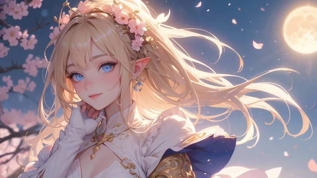 work of art, ultra creative, epic details, ultra detaild, best resolution, Woman, blonde, (BEAUTIFUL ELF), {{ beautiful and rustic flower crown on head}}, sculptural body, ((brown clothes)) ((perfect hands))), pink scenery, no mistakes, (((rosto ultra detaild ))), ((( olhos ultra detailds ))) (( blue eye)) glad, (expression of joy), (big open smile), Simple smile, ( moon in the background), ( Sakura petals around ) wearing white gloves 