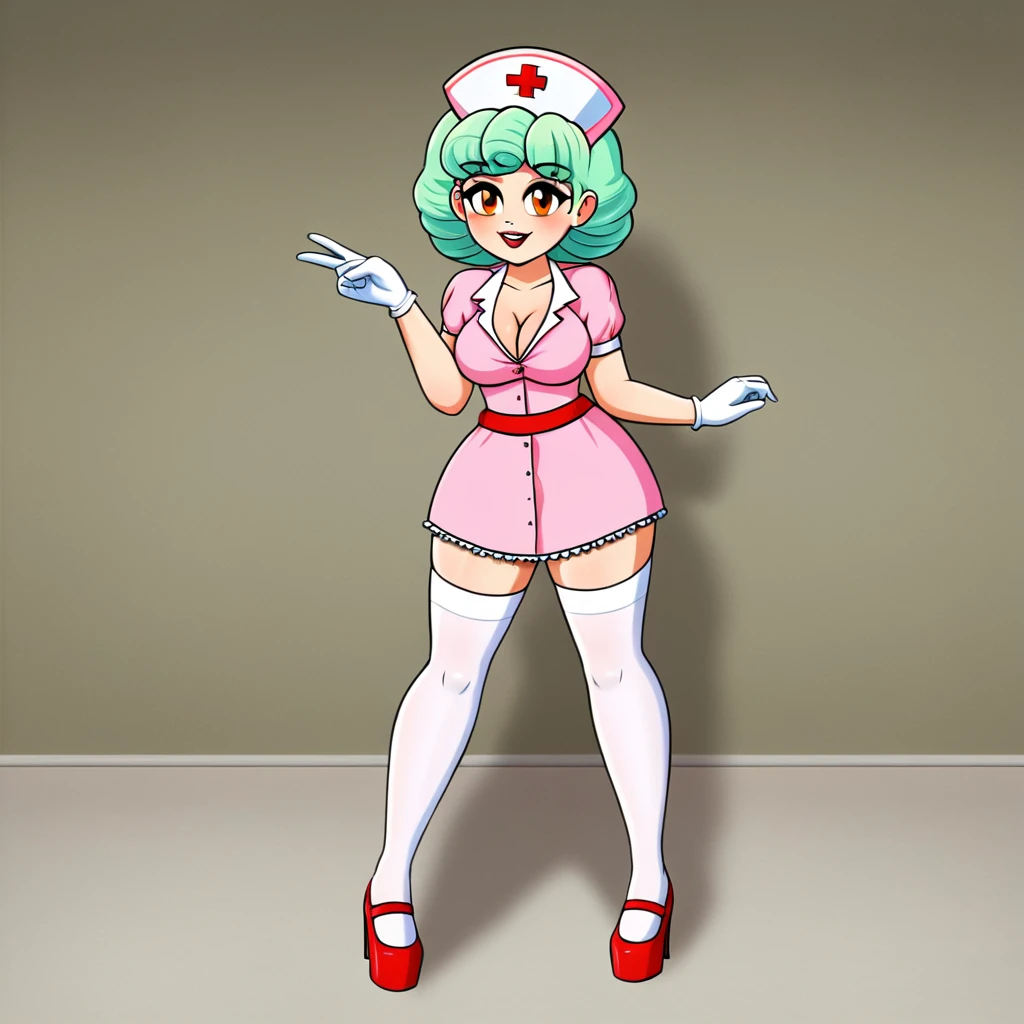 In a dimly lit hospital room, a sultry young female nurse stands out against the somber backdrop. Dressed in lacy lingerie, thigh-high stockings, and a nurse's cap, she exudes seductive mystery. Soft, warm glow illuminates her low-cut pink top showcasing ample cleavage, while white gloves add sophistication. Her gaze invites the viewer to step into her world. Ornate medical equipment and eerie shadows hint at gothic horror elements in the background. The nurse's cap and white gloves nod to darker undertones, balancing provocative themes with elegance.