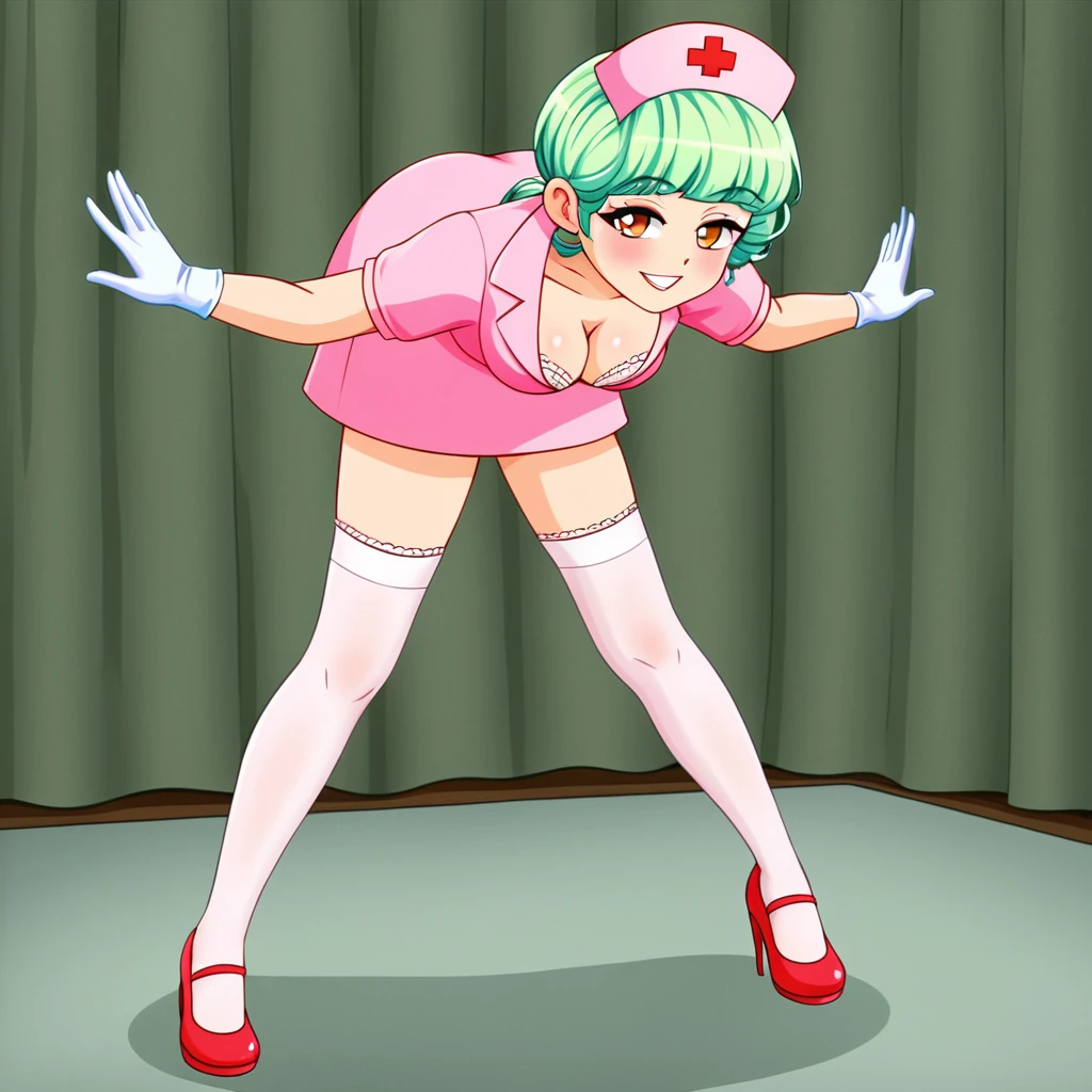 In a dimly lit hospital room, a sultry young female nurse stands out against the somber backdrop. Dressed in lacy lingerie, thigh-high stockings, and a nurse's cap, she exudes seductive mystery. Soft, warm glow illuminates her low-cut pink top showcasing ample , while white gloves add sophistication. Her gaze invites the viewer to step into her world. Ornate medical equipment and eerie shadows hint at gothic horror elements in the background. The nurse's cap and white gloves nod to darker undertones, balancing provocative themes with elegance.
