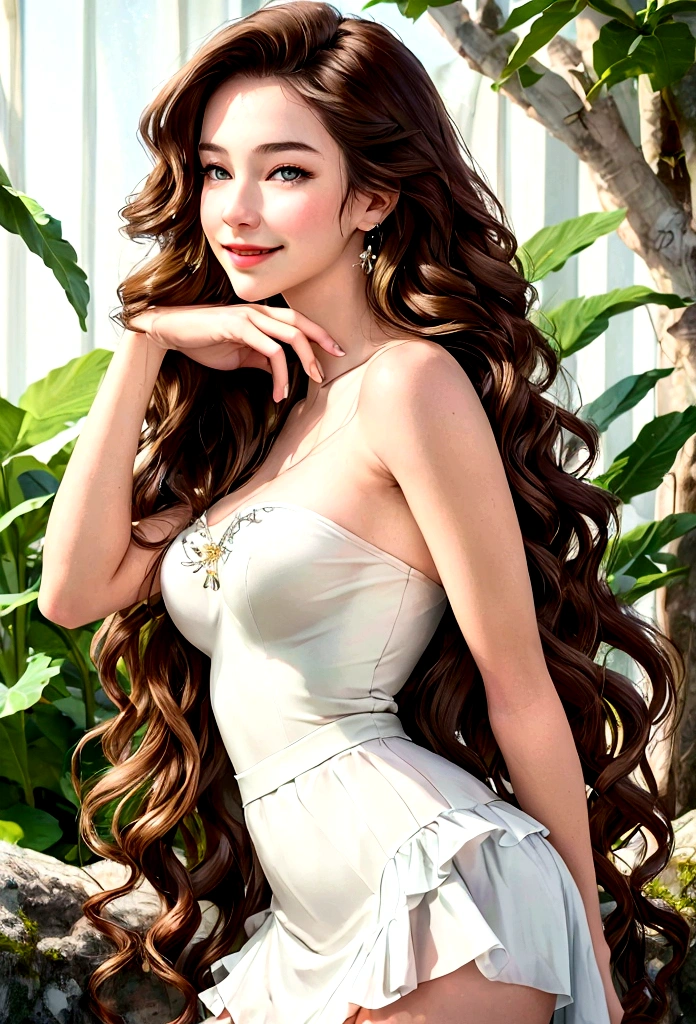 (Surrealistic style, side body shot, detailed hand description, accurate hands), (Woman 1_Pretty face and delicate features, eye smile and happy smile, long brown hair, bushy hair), (Beauty_Clear white skin), Jeju Island at sunset_Doldam trail, solo travel, white dress, breeze, fragrant midsummer, nature, (highest quality, 4k, 8k, high definition, masterpiece: 1.2), ultra detail, (realistic, realistic, realistic: 1.37), HDR, UHD, Studio Lighting, Sharp Focus, Physically Based Rendering, Ultra Detail, Professional, Vivid Colors, Bokeh, Portrait