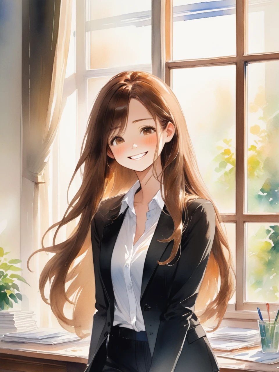 アニメのwoman、Long Hair、Brown Hair、Smile、adult、woman、refreshing、vivid、Lively、A very detailed watercolor painting、The soft light is hitting my face、adultのwoman、office、Window、Straight Hair、Slim figure、Black suit、Wearing a white shirt、adultのwoman、