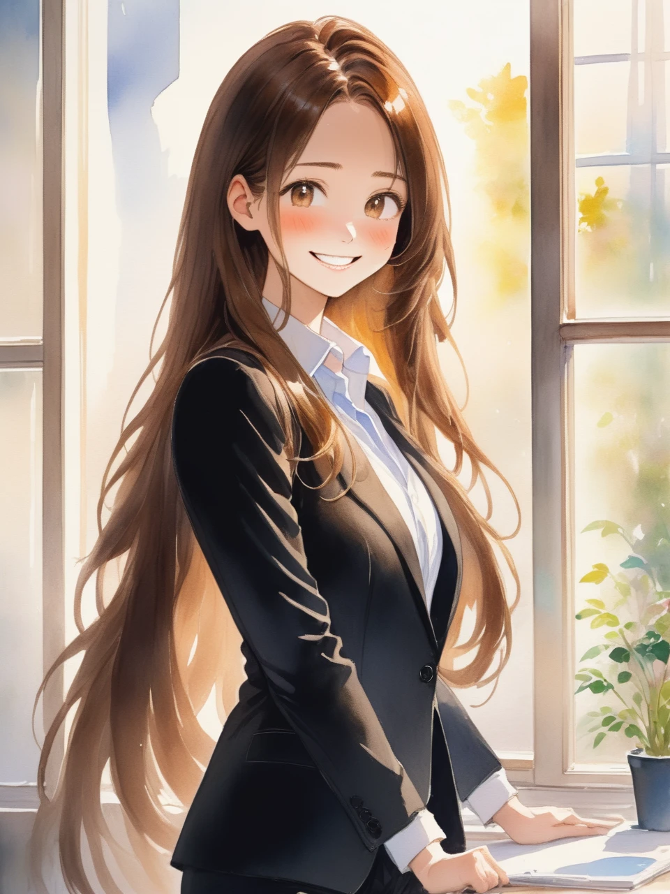 アニメのwoman、Long Hair、Brown Hair、Smile、adult、woman、refreshing、vivid、Lively、A very detailed watercolor painting、The soft light is hitting my face、adultのwoman、office、Window、Straight Hair、Slim figure、Black suit、Wearing a white shirt、adultのwoman、