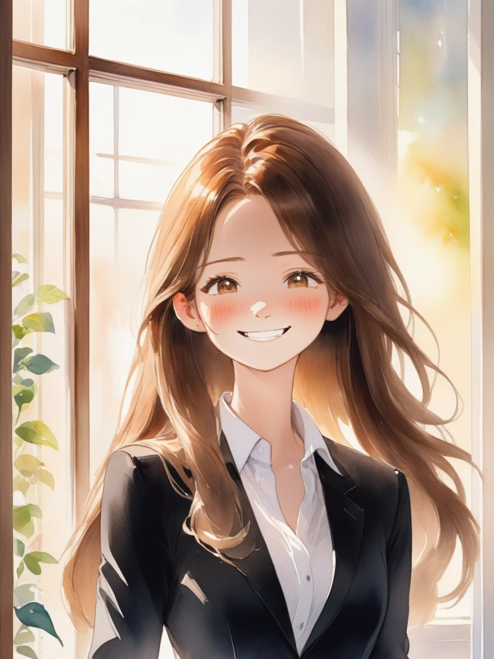 アニメのwoman、Long Hair、Brown Hair、Smile、adult、woman、refreshing、vivid、Lively、A very detailed watercolor painting、The soft light is hitting my face、adultのwoman、office、Window、Straight Hair、Slim figure、Black suit、Wearing a white shirt、adultのwoman、