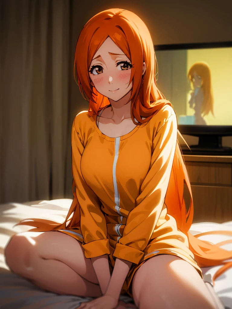 Orihime Inoue, 1girl, Single, Sitting on bed, Wearing yellow pajamas, Hair between the eyes, long hair, Hair decoration, Looking at the viewer, Untidy hair, Orange hair, Single, Thighs, long hair, ((Masterpiece)), Sexy situation, Blush, shy, she smiles, Mouth closed, dark room, tv in background
