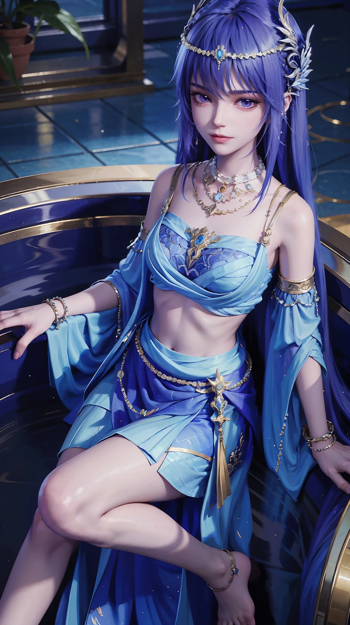 masterpiece, best quality, tthl, 1 Girl, , Solitary, Long hair:1.2, Large Breasts,, Hair accessories, skirt, Bare shoulders, Jewelry, Alternative clothing, bracelet, ear rings, 长skirt, 蕾丝skirt, bracelet, barefoot, 细barefoot, Charming smile,Cross your legs, Sitting in the bathtub, indoors, From below,camisole
