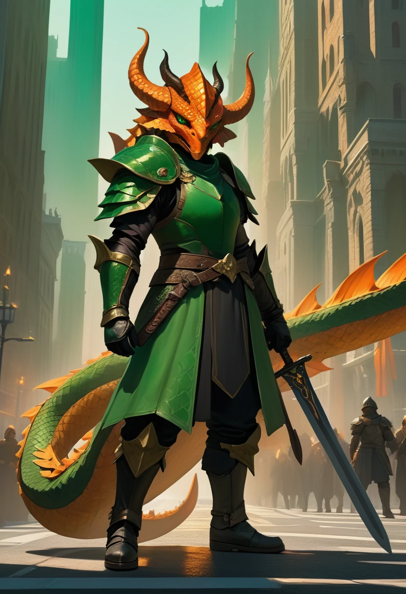 a fantasy warrior with a dragon head helmet, orange scales, holding a sword, standing on a city street, wearing green and black leather gloves, highly detailed, fantasy art, digital painting, cinematic lighting, dramatic pose, hyperrealistic, 8k, photorealistic