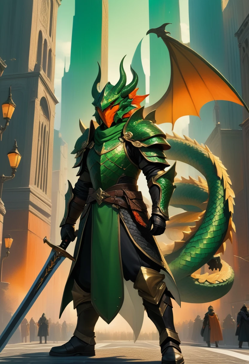 a fantasy warrior with a dragon head helmet, orange scales, holding a sword, standing on a city street, wearing green and black leather gloves, highly detailed, fantasy art, digital painting, cinematic lighting, dramatic pose, hyperrealistic, 8k, photorealistic