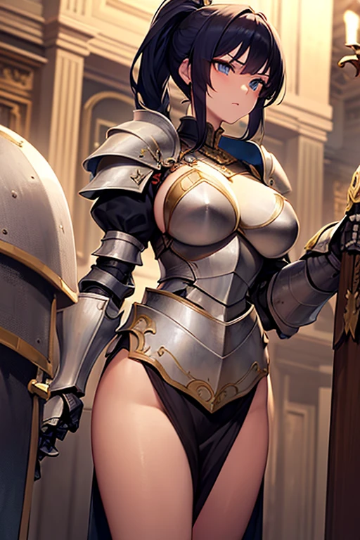 masterpiece, extra limbs, 1lady, 25 years old, gold long high ponytail, gold pubic hair, slant blue eyes, medium pointy breasts large areolas, muscle, serious, contrappo stobreast hold,have greatsword, (((clothed plate armor knight))),