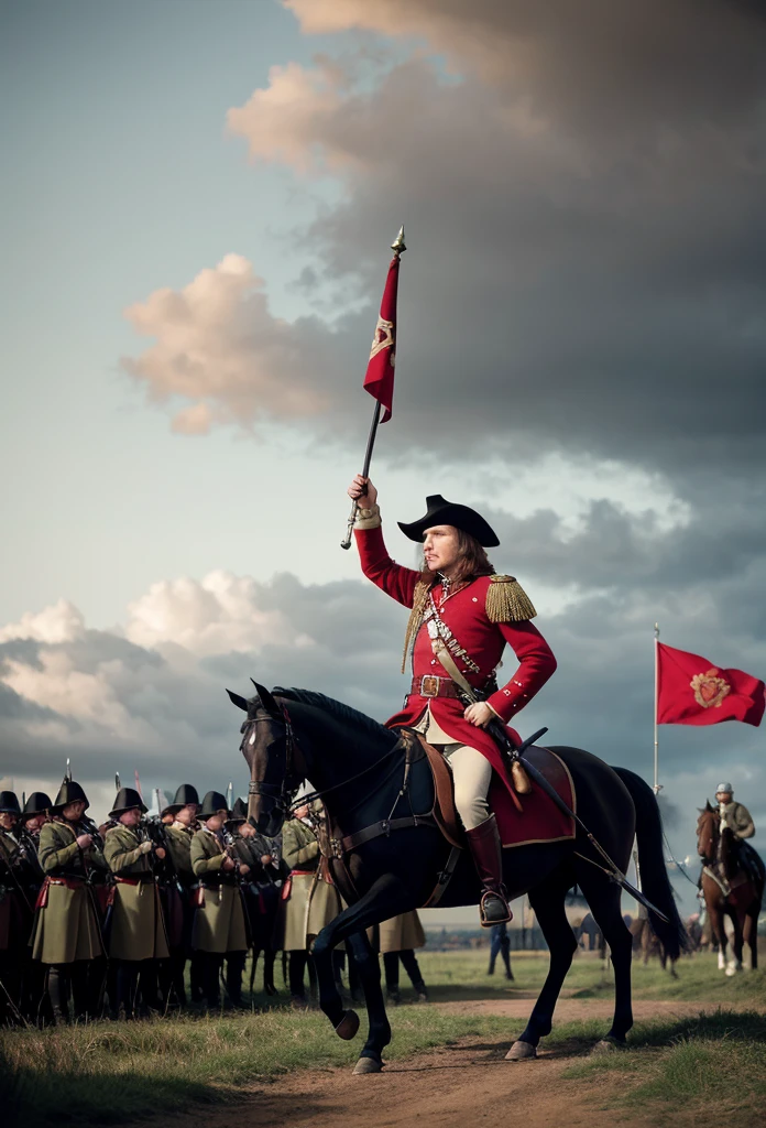 A striking portrait of Oliver Cromwell, depicted as a determined and powerful leader, clad in dark military armor and holding a sword. He is mounted on a rearing horse, leading his disciplined New Model Army through a muddy battlefield. The soldiers behind him are in precise formation, with the army’s red banners waving above them. The sky is dark and cloudy, creating a dramatic backdrop that reflects the turbulent times. Cromwell's face is stern and resolute, symbolizing his role as a key figure in the revolution