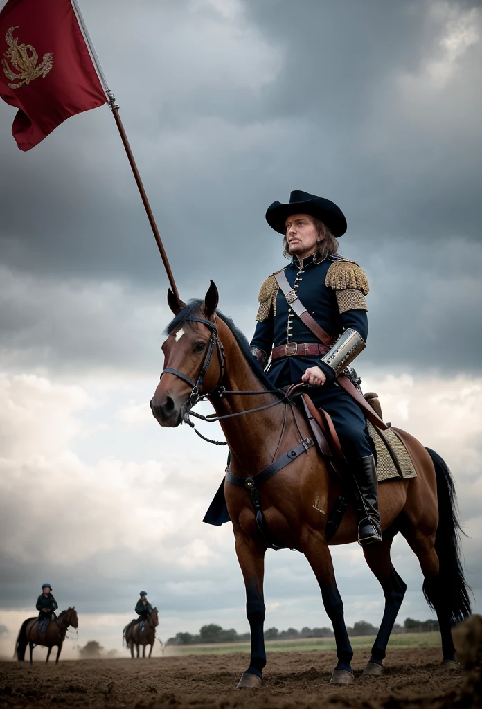 A striking portrait of Oliver Cromwell, depicted as a determined and powerful leader, clad in dark military armor and holding a sword. He is mounted on a rearing horse, leading his disciplined New Model Army through a muddy battlefield. The soldiers behind him are in precise formation, with the army’s red banners waving above them. The sky is dark and cloudy, creating a dramatic backdrop that reflects the turbulent times. Cromwell's face is stern and resolute, symbolizing his role as a key figure in the revolution