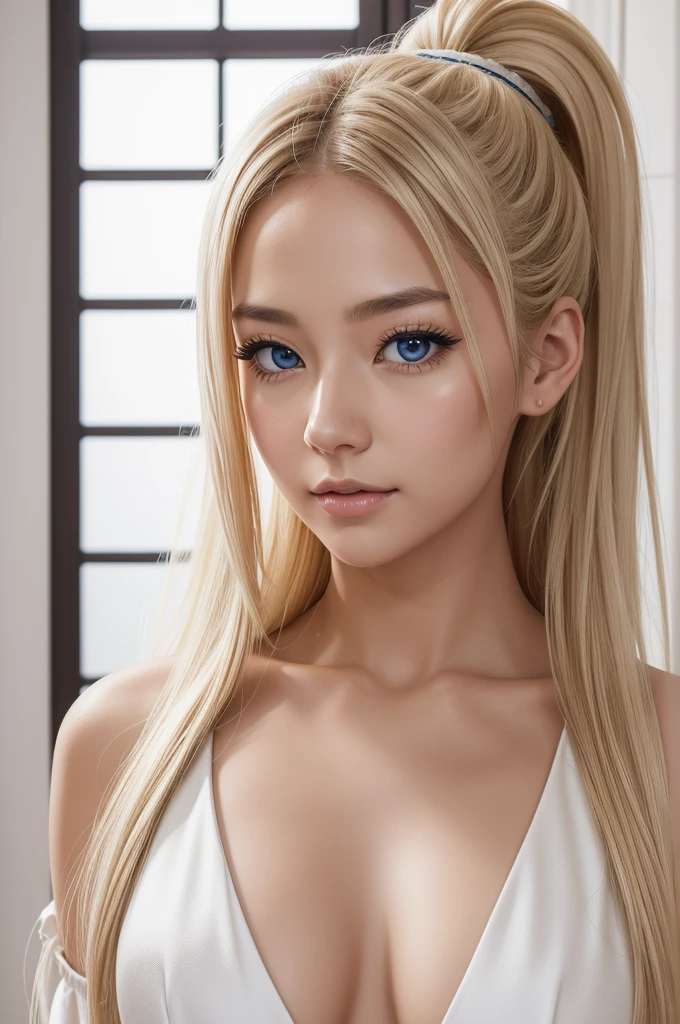 very inocent face, angelical face, cute face, digital portrait,white dress, long blond hair, ponytail, messy hair , very pleased face, sexy look, full body, perfect face, blue eyes, flirtatious look, |8k, maximum detail, perfect skin , extreme skin texture, extreme hair details, pofessional linght, diosa japonesa, tendencias en CGVeSTATION, HERMOSA CHICA ASIATICA