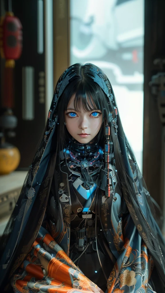 Ultra-detailed, master piece, best quality, high resolution,  detailed eyes, detailed face, (Neo Tokyo:1.5), (Cyberpunk:1.5), (Fusion with Machine:1.5), , very pretty and beautiful, girl with mysterious atmosphere, ghost,  in appearance, graceful in traditional Japanese costume and design, (beautiful light blue eyes:1.5), (light blue plasma around her:1.5), bio-mechanical, traditional Japanese room with elegance, long black hair, bangs, face, hands, design and (light blue plasma surrounds), biomechanical, Japanese traditional noble Japanese room, long black hair, bangs, face, hands, designs and decorations are detailed and clearly drawn, ultra realistic and realistic image with super high resolution