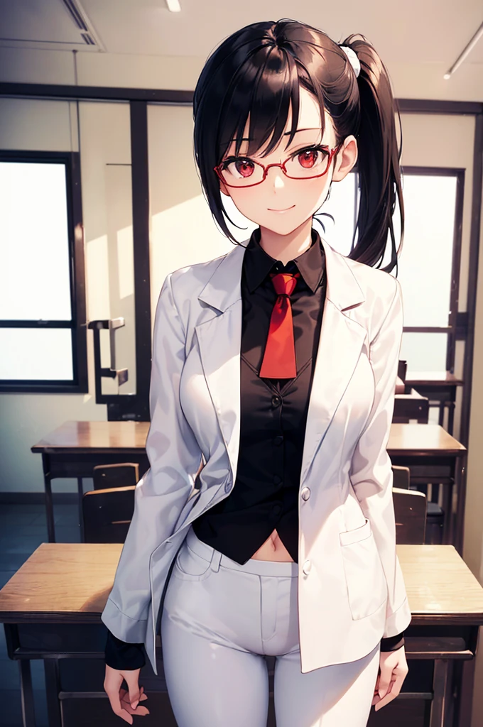(masterpiece; best quality: 1.2), (finely detailed eyes: 1.3), ((25 year old woman)), ((solo)), (red eyes: 1.4), (body; gorgeous, lithe, femenine: 1.3), (black hair in low-ponytail: 1.3), (beautiful and clear background: 1.2), ((depth of field)), (equipment: white unbuttoned labcoat + black shirt + white tie + white pants + black square glasses: 1.3), (anime illustration: 1.2), (background composition; japanese highschool classroom + furniture: 1.1), (extremely fine and beautiful: 1.1), (shot composition; standing + centered on torso + close-up: 1.5), (expression; calm, smile: 1.2)