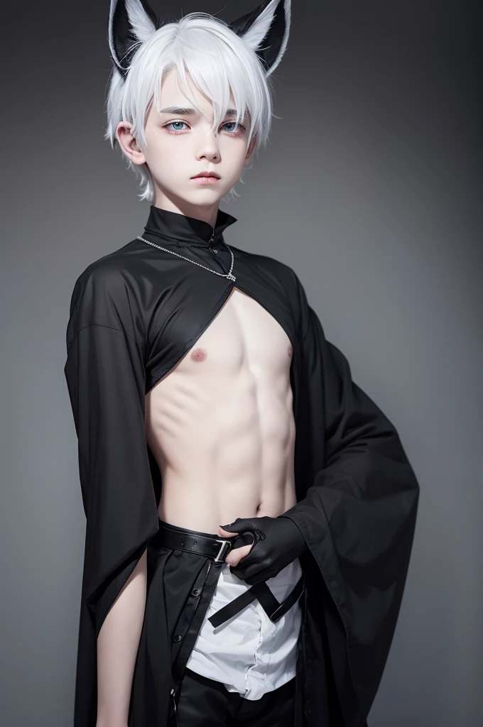 Boy with white hair, bat ears, wearing black clothes 