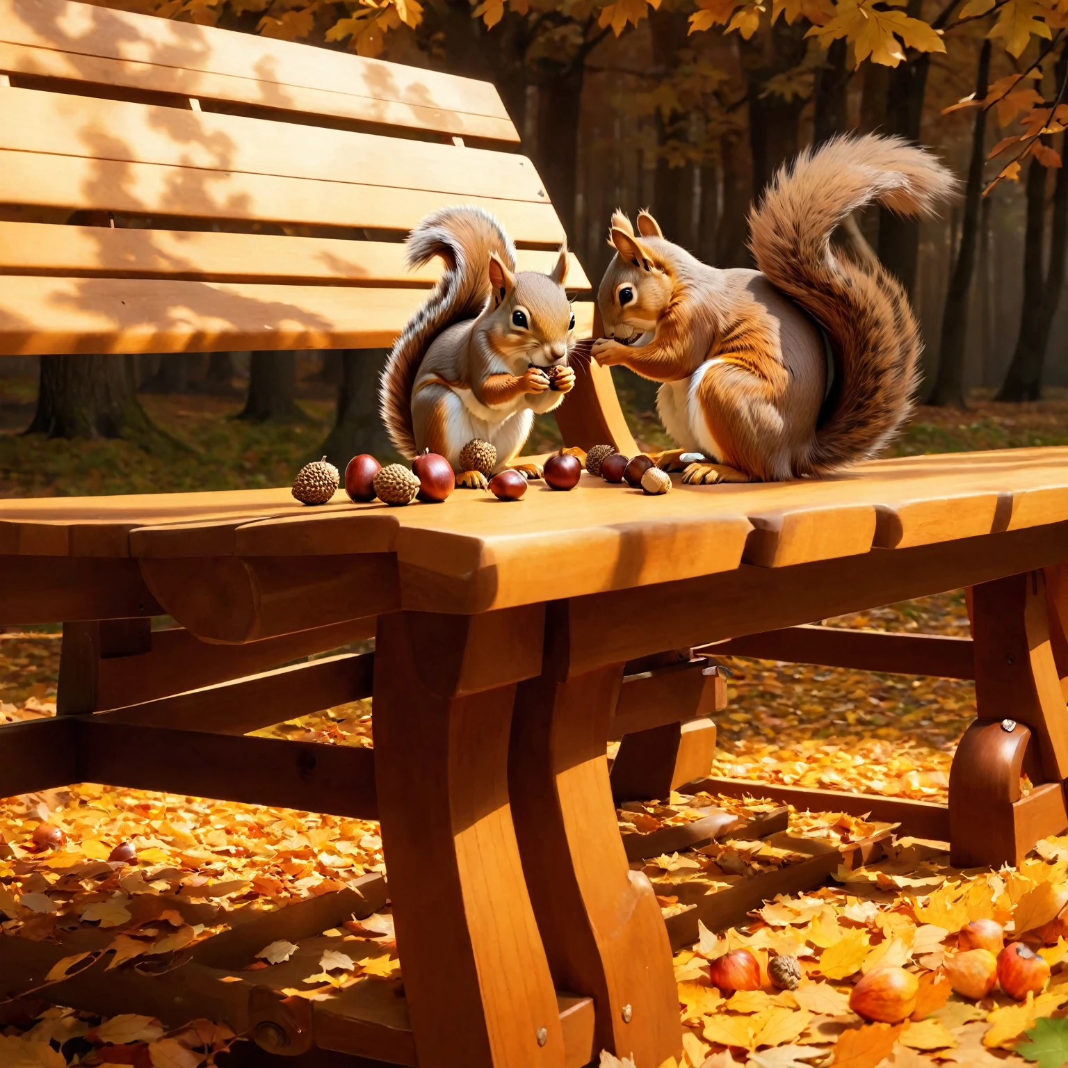(8K, 16K, Awards, Highest quality, High resolution, Very detailed,Anatomically correct, Realistic, RAW Photos, Tabletop: 1.1),
(squirrel:1.5),二匹のsquirrelはベンチの上,Holding an acorn with both hands and biting into it