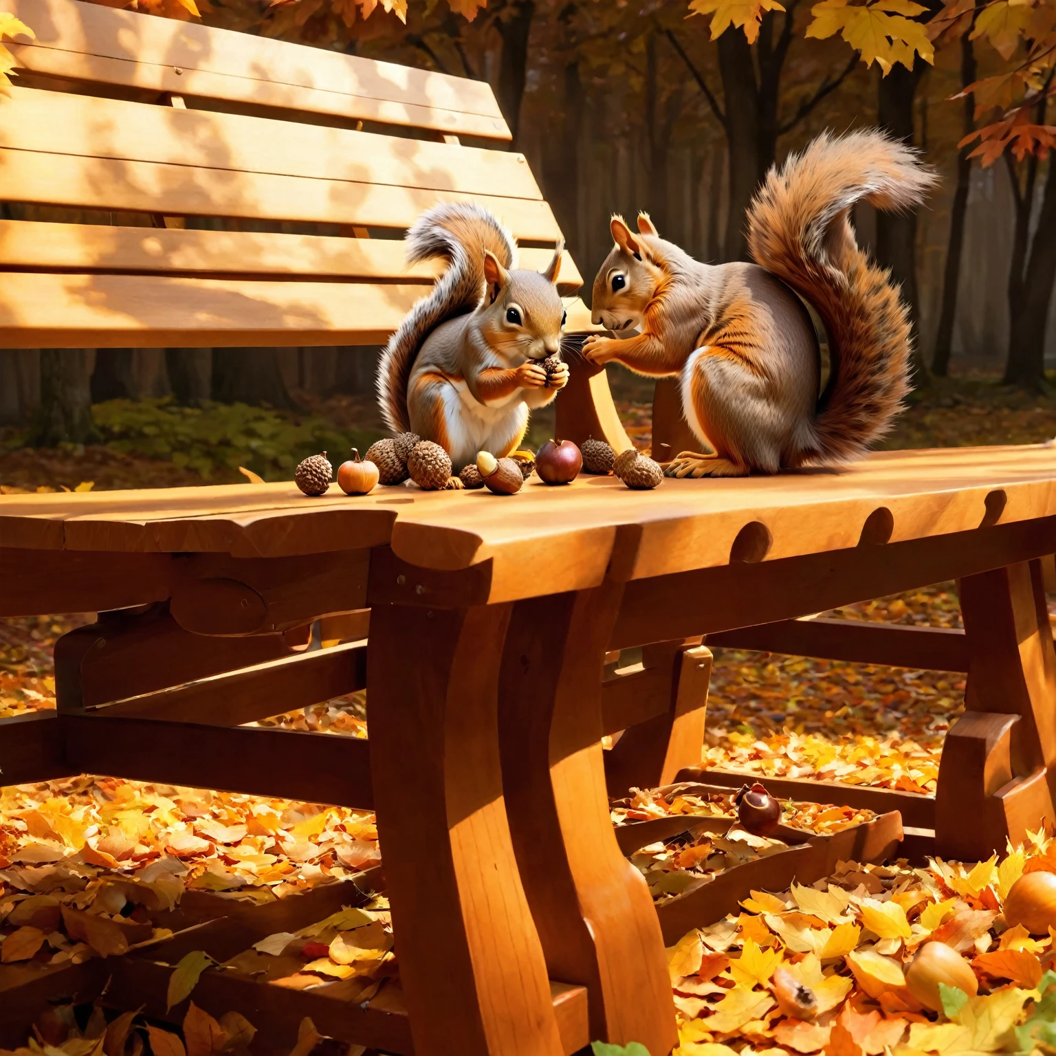 (8K, 16K, Awards, Highest quality, High resolution, Very detailed,Anatomically correct, Realistic, RAW Photos, Tabletop: 1.1),
(squirrel:1.5),二匹のsquirrelはベンチの上,Holding an acorn with both hands and biting into it
