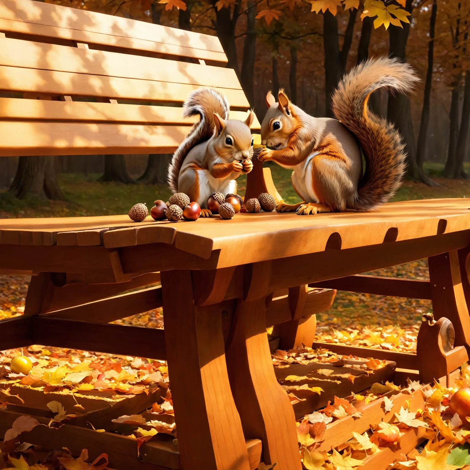 (8K, 16K, Awards, Highest quality, High resolution, Very detailed,Anatomically correct, Realistic, RAW Photos, Tabletop: 1.1),
(squirrel:1.5),二匹のsquirrelはベンチの上,Holding an acorn with both hands and biting into it