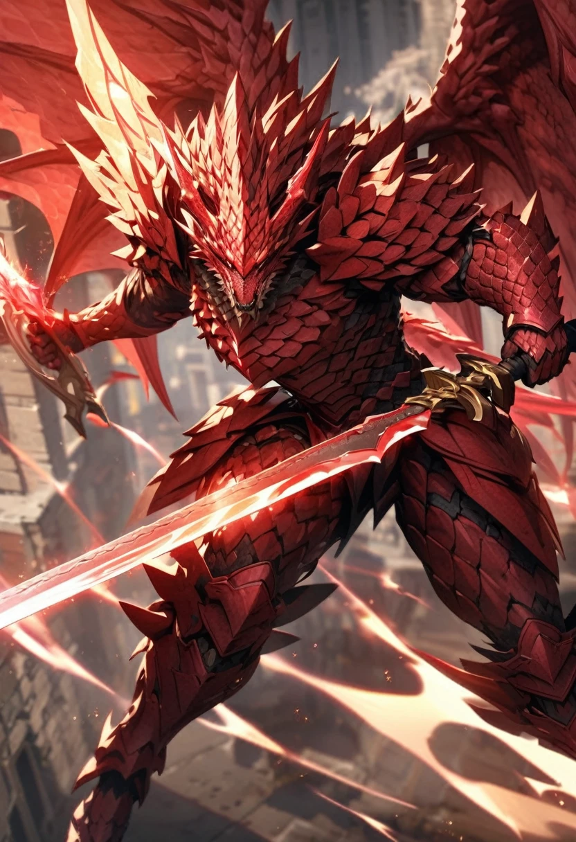 extremely detailed HUMAN warrior with small light red draconic wings wielding a shortsword made of light red dragon scales