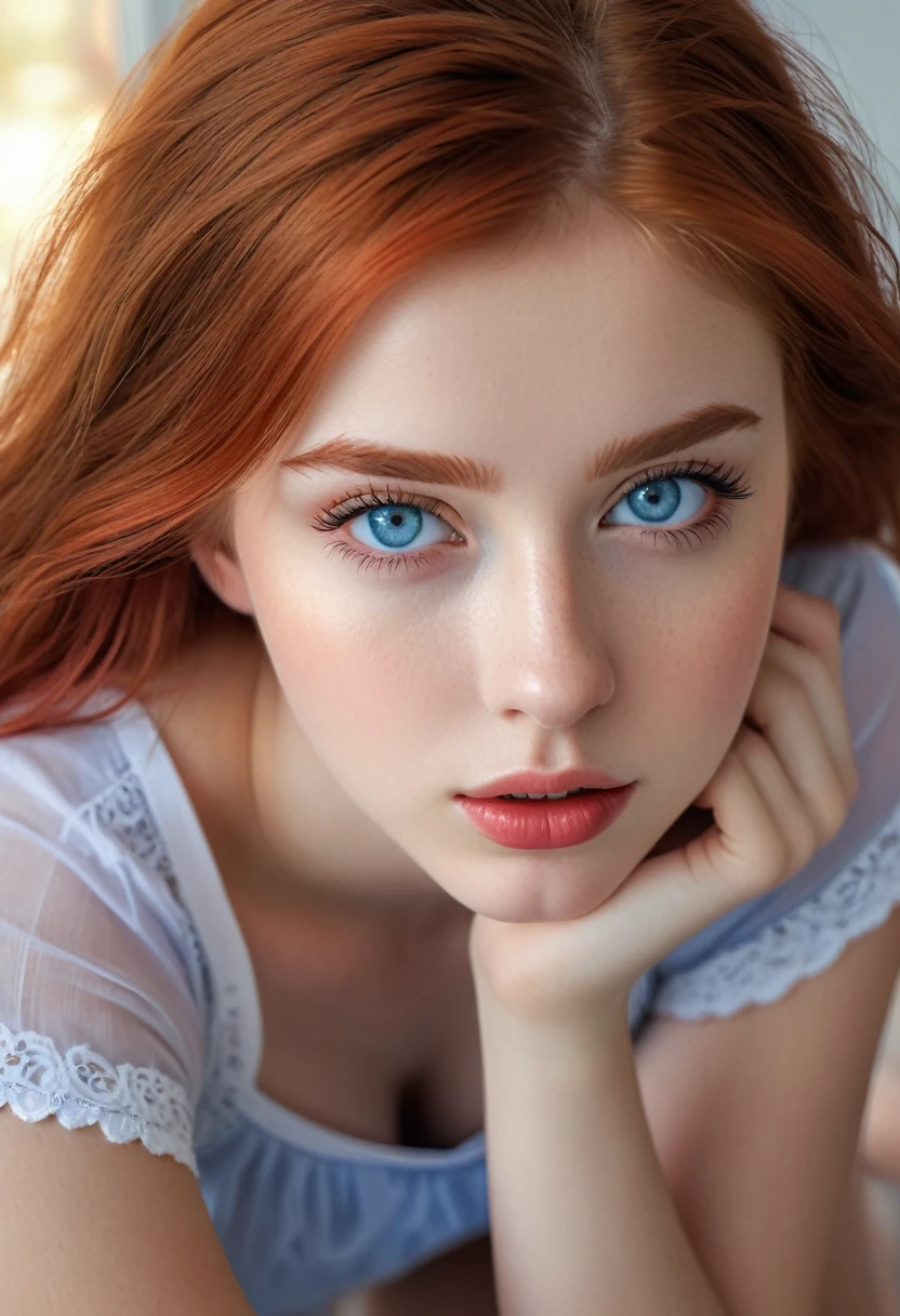 a teenage girl, beautiful detailed eyes, beautiful detailed lips, long eyelashes, 16 years old, red hair with white gray, , skirt, panties visible, sitting, sexy, hope on face, blue eyes, (best quality,4k,8k,highres,masterpiece:1.2),ultra-detailed,(realistic,photorealistic,photo-realistic:1.37), warm color tones, completely body