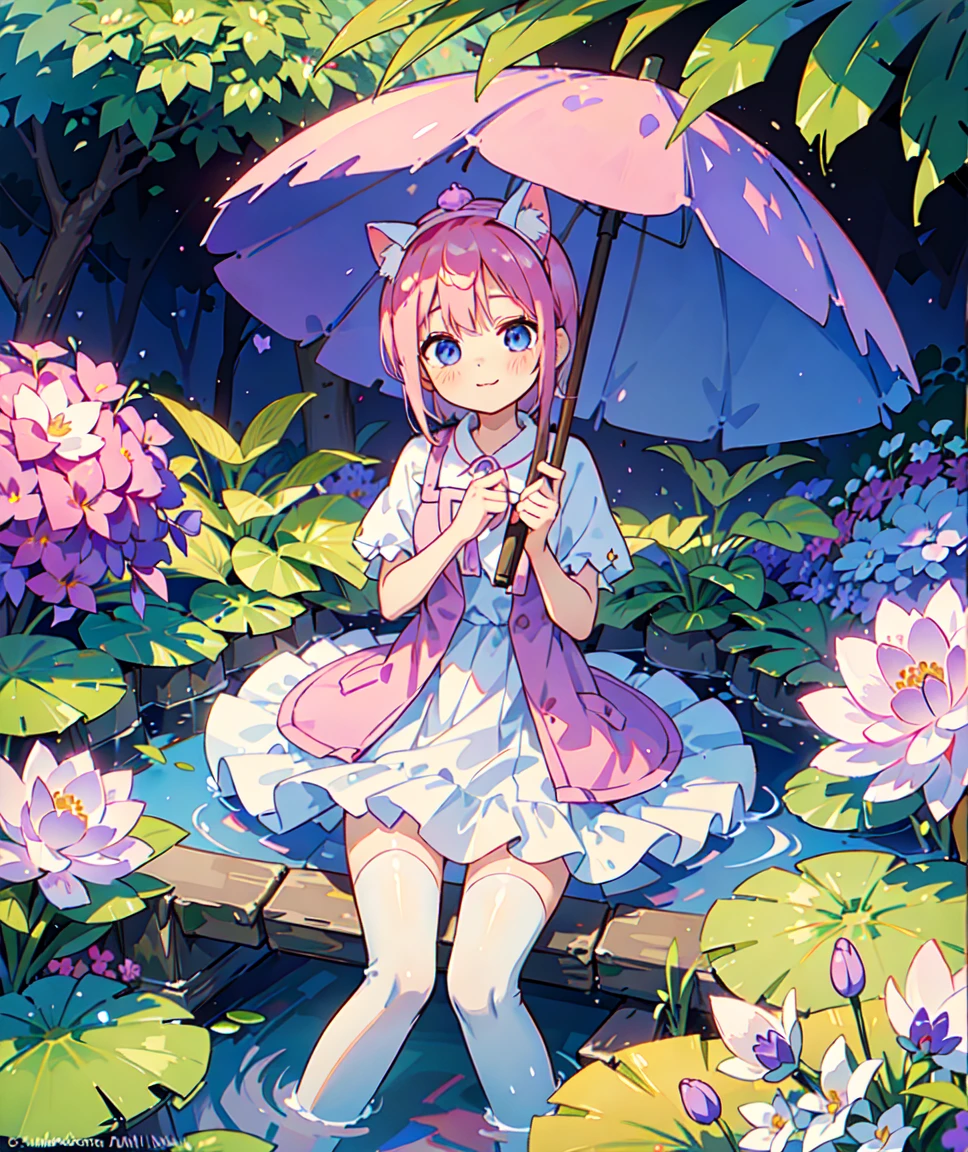 Ichika nakano, dressed as sweetie belle from my little pony, solo, 1 girl, in a mythical garden: 2.0, (short pink hair, coil curls: 2.5, dark blue heavenly eyes: 1.5, wearing a green and white dress, happy: 1.5, soft smile, her surroundings are ethereal, ((ultra realistic high quality top quality 4k)),: 3.0, bright sunny day: 1.urple and green flowers everywhere: 3.2, bushes, POND WITH LILY PADS: 3.0, jacaranda trees: 2.0, highly detailed jacaranda trees, green grass: 1.3, wearing a white summer hat with purple ribbon, summer dress with flower patterns, dainty features: 2.0,  like features: 2.0 two white cat ears: 1.0, ONE WHITE THIN THIN REALLY THIN HORN ON HER FOREHEAD, two white cat ears, pure white skin, green thigh high, highly detailed legging, purple heel, shiny hair, slightly shiny skin, sun rise, morning, shining ponds, lavender flower everywhere, shining eyes, soft gentle smile cute pink soft light blush,