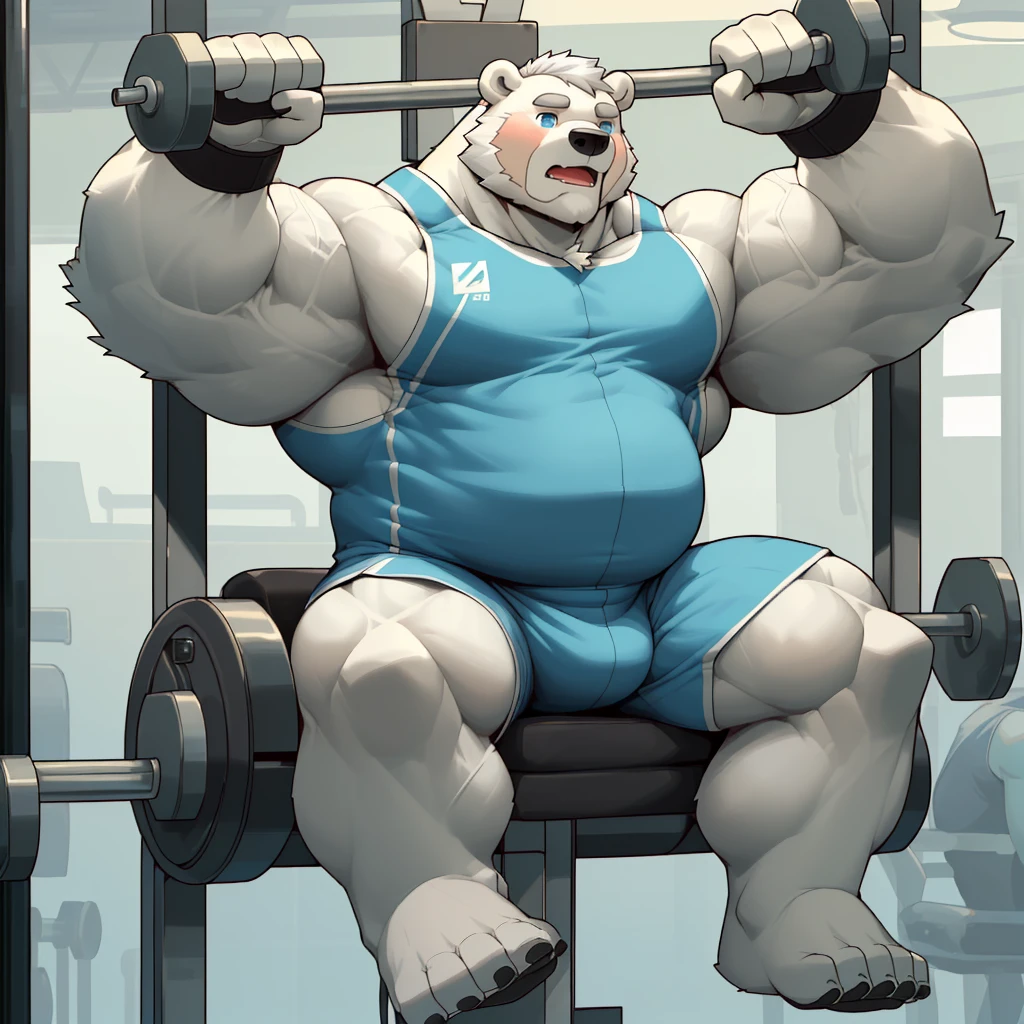 masterpiece, best quality, 8k resolution, Very detailed, hairy,(((polar bear)),(((Mature))),(((beard))),(((fat))),(((White hair all over body))),(((portrait))),(((White hair))),(((straining))),For the audience,(((gym tank top))),(((sitting on the pulley machine))),(((motivating))),((wristbands)), ((Highest quality scene,(((whole body))),(((Blue Eyes))),(((Legs apart))),(((Fat-enclosed muscle))),(((Round face))),(((alone))),(((Strong body))),(((Hip bulge))),(((arms exposed))), ((working out)), ((cable uppercut flyes))