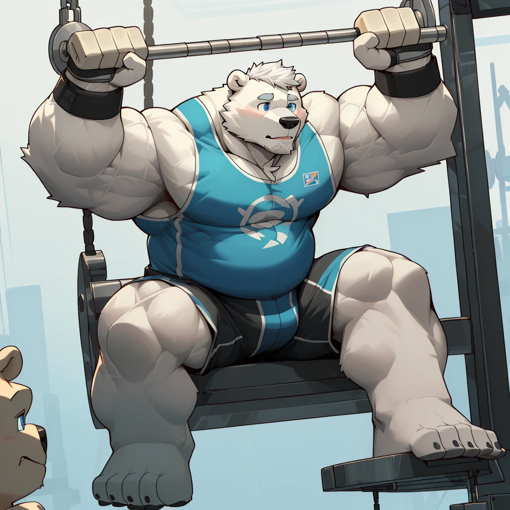 masterpiece, best quality, 8k resolution, Very detailed, hairy，(((polar bear))，(((Mature)))，(((beard))),(((fat)))，(((White hair all over body)))，(((portrait)))，(((White hair)))，(((straining)))，For the audience，(((gym tank top))),(((sitting on the pulley machine)))，(((motivating)))，((wristbands)), ((Highest quality scene，(((whole body)))，(((Blue Eyes))),(((Legs apart)))，(((Fat-enclosed muscle)))，(((Round face)))，(((alone)))，(((Strong body)))，(((Hip bulge)))，(((arms exposed))), ((working out)), ((cable uppercut flyes))