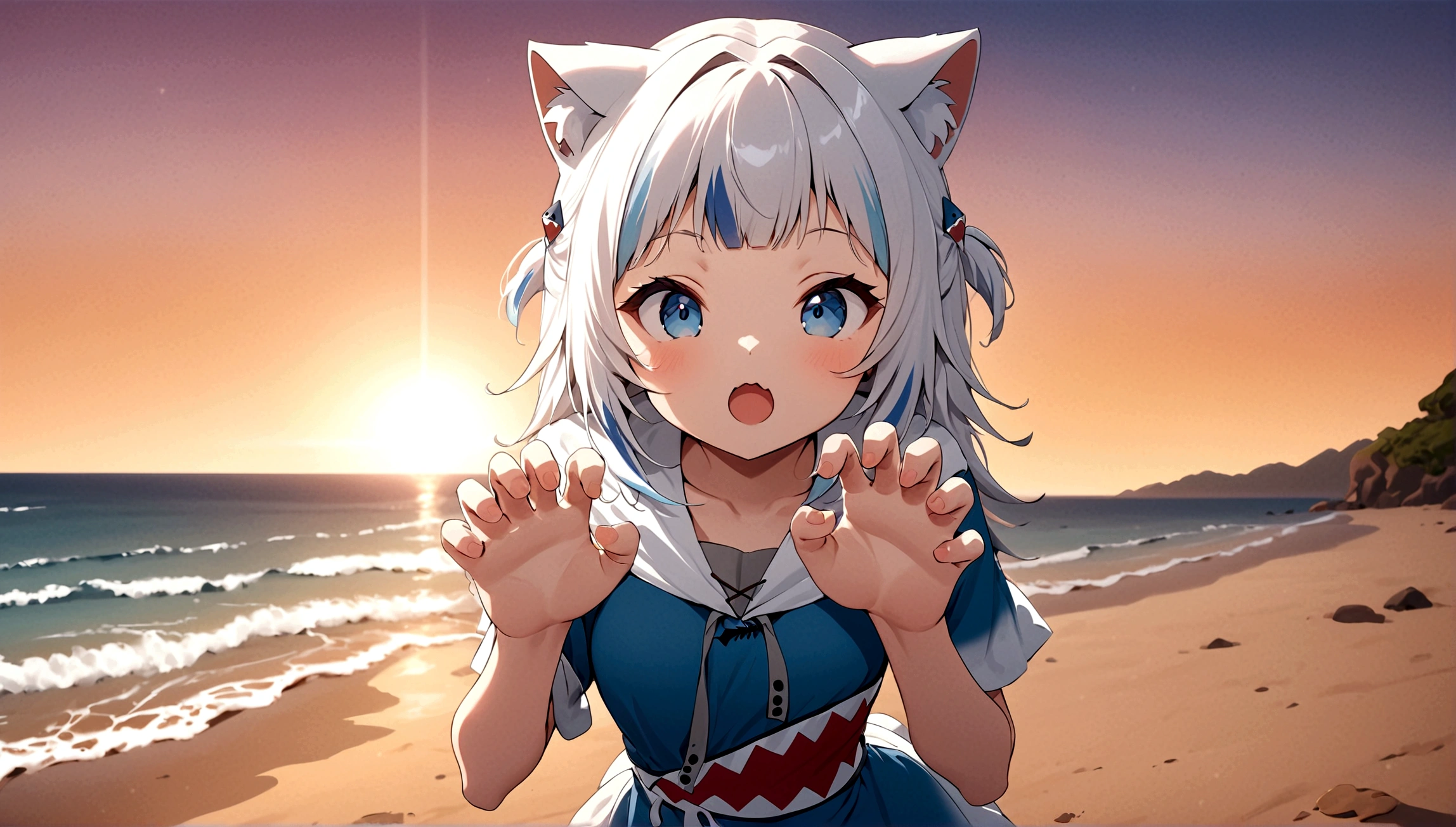 pinup girl pose, Expressiveh, masterpiece, highly detailed, anime style, close shot, dynamic pose, centered, 1girl, gawr gura, paw hands, cute pose, rawr, beach background, epic composition, epic proportion, 8K, volumetric lighting, sunset
