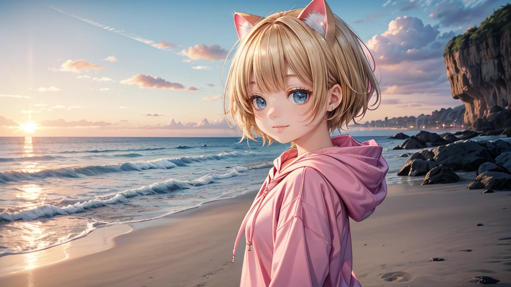 Cat ear、Absurd, Ultra-detailed,Bright colors,(solo),(From the side:1.2),(View your viewers:1.5) (Short blonde hair:1.2),Shiny Hair,(Pink hoodie:1.5),(Black sneakers),Denim shorts,Delicate and beautiful face, blush、(Deep blue eyes:1.4), White skin, (A wistful smile:1.3),Beautiful Clouds,(Standing on the beach, looking to the side with a sad expression:1.3),look at the sea and sunset,At sunset,Waves crashing on the beach,sunlight,Light on the face、Cat ear、Belly button